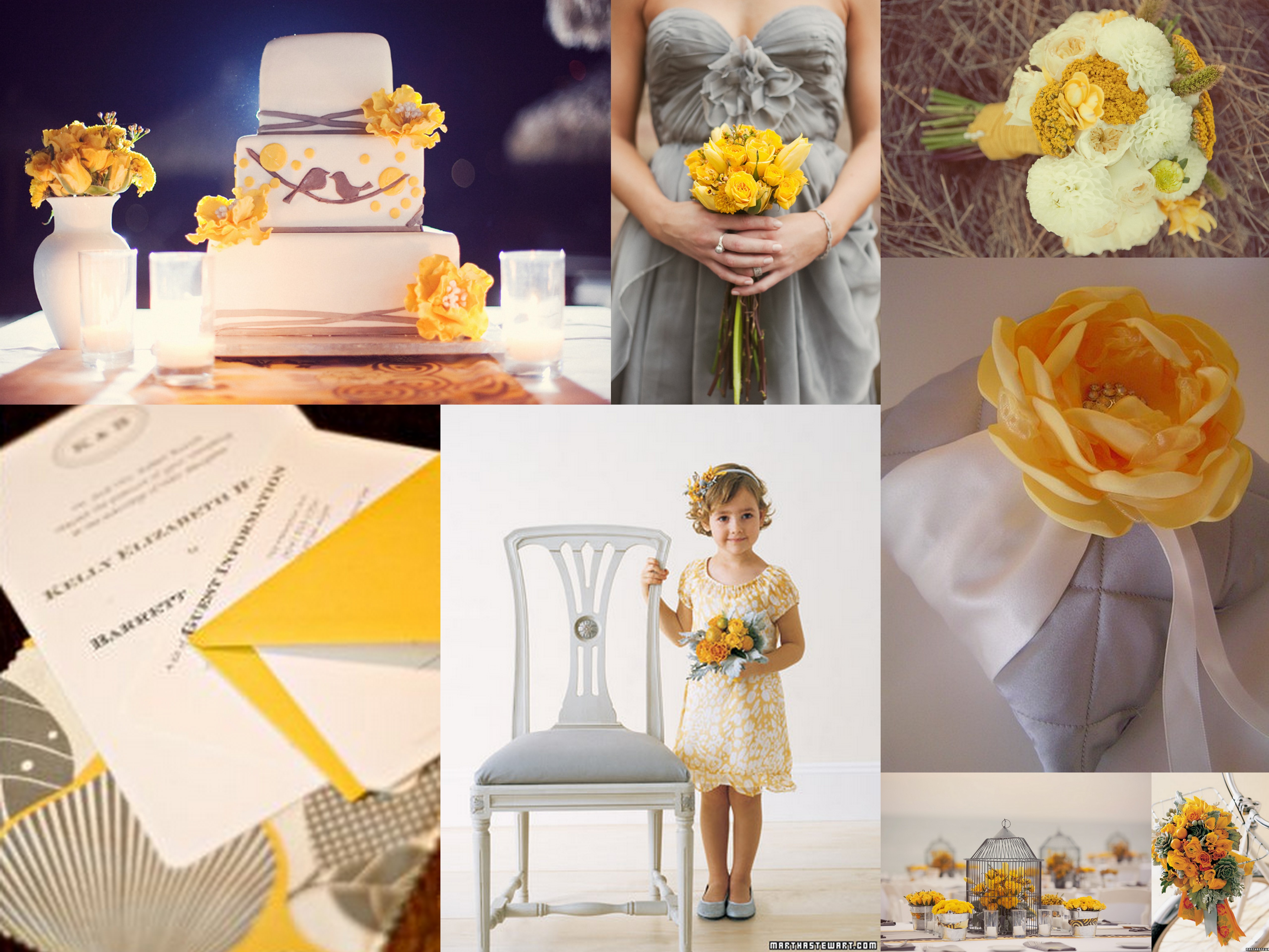yellow bouquet gray bridesmaid dress bird cage centerpiece cake yellow ...